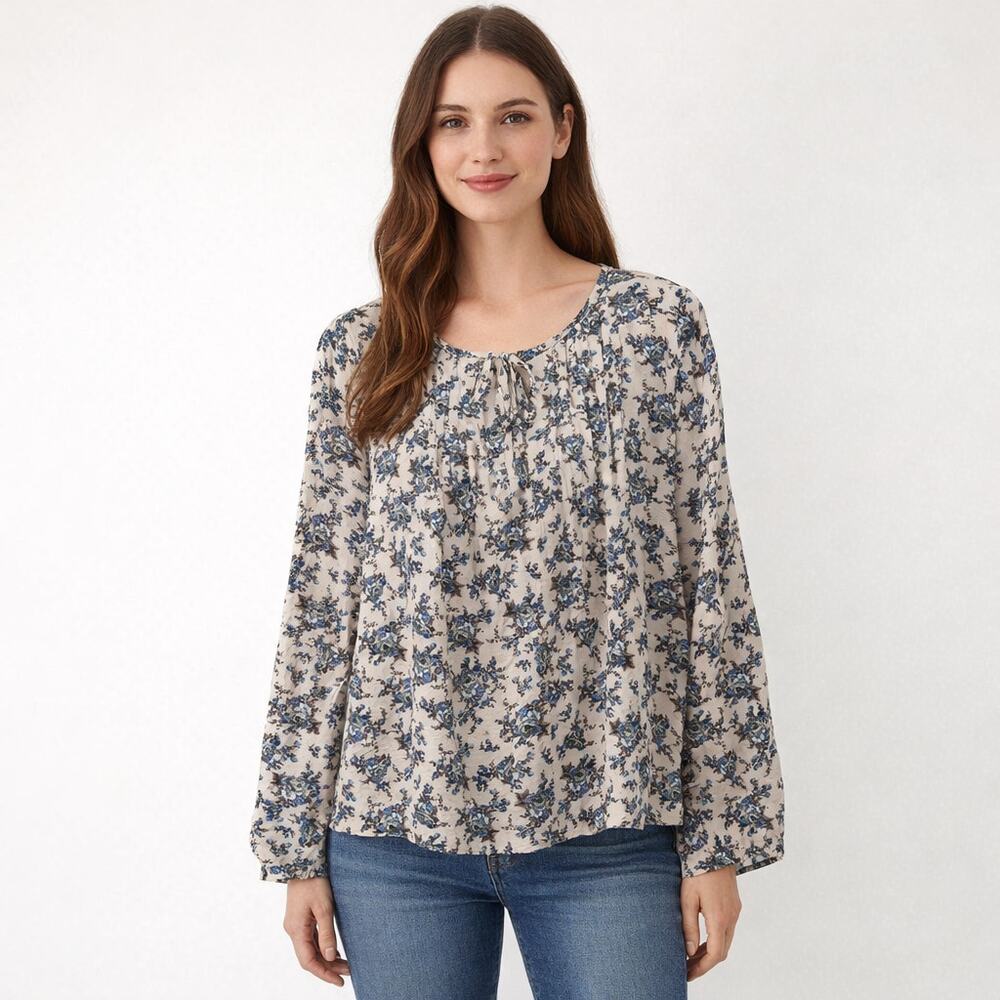 Lucky Brand Pintuck Floral Peasant Top Size Large NWOT